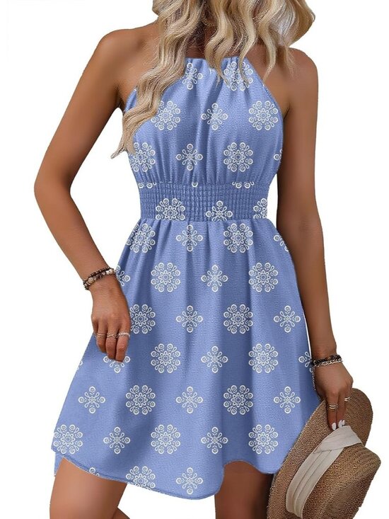 Dresses & Skirts - Women's Summer Beach Halter Neck Dresses Sky Blue A Line Mini Dress with Pockets